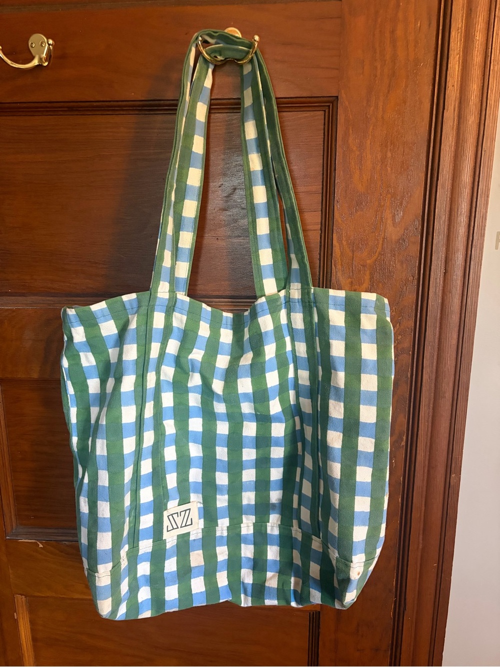 Madewell Green & White Checked Canvas Tote Bag